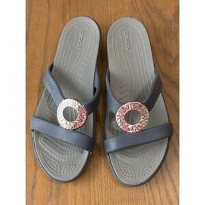 Crocs Sanrah Hammered Silver Circle Slide Sandal Navy Blue Women's Size 7
